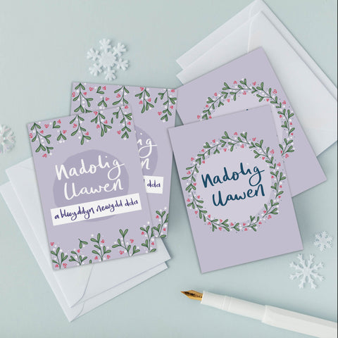 Christmas cards 'Nadolig Llawen' pack of 4 mini cards - Mistletoe
