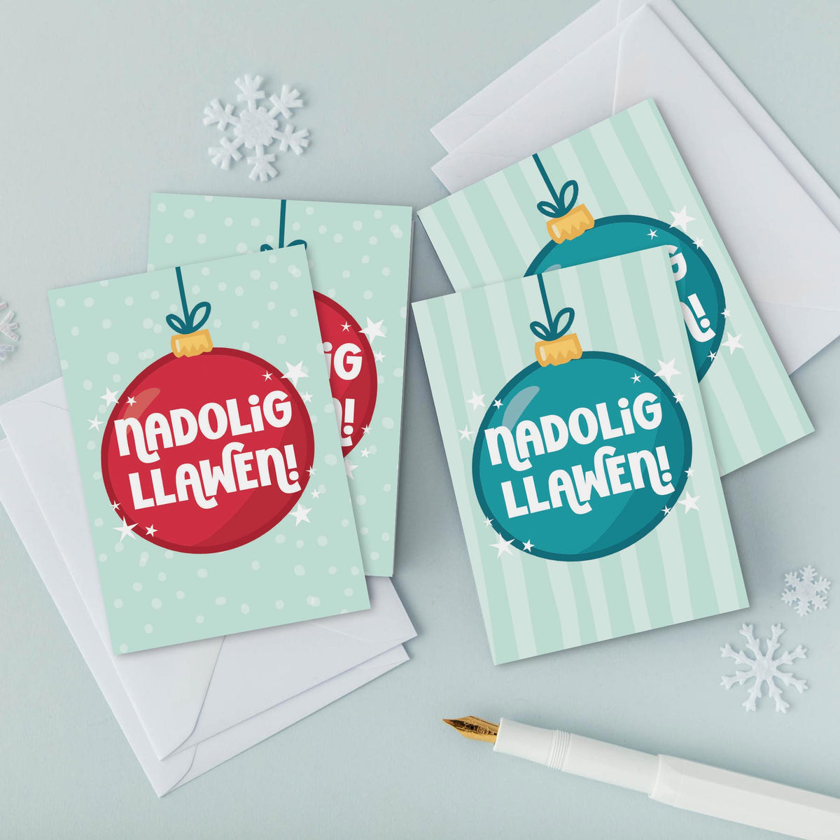 Pecyn o 4 cerdyn bach Cymraeg 'Nadolig Llawen' - Gwena Baubles