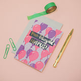 Cerdyn Pen-blwydd hapus - balŵns piws