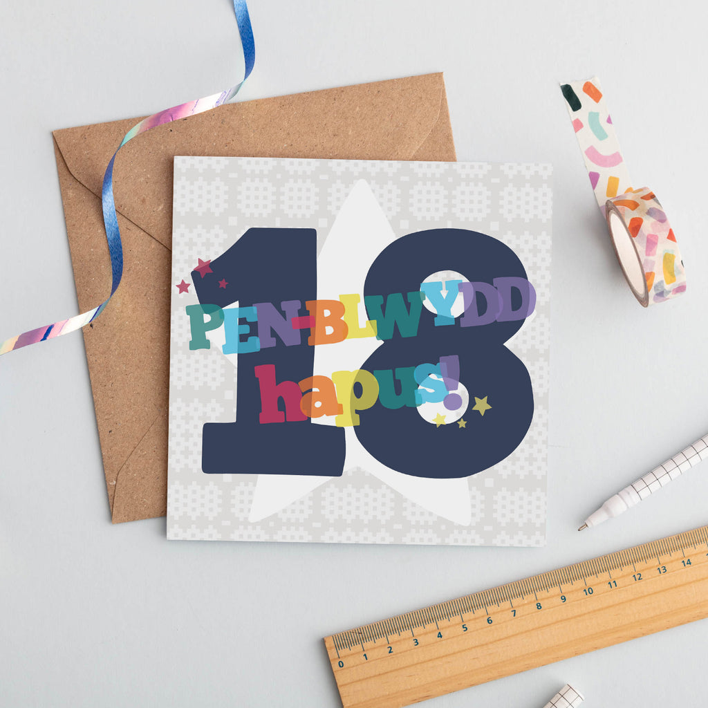 Cerdyn Pen-blwydd 'Pen-blwydd hapus 18'