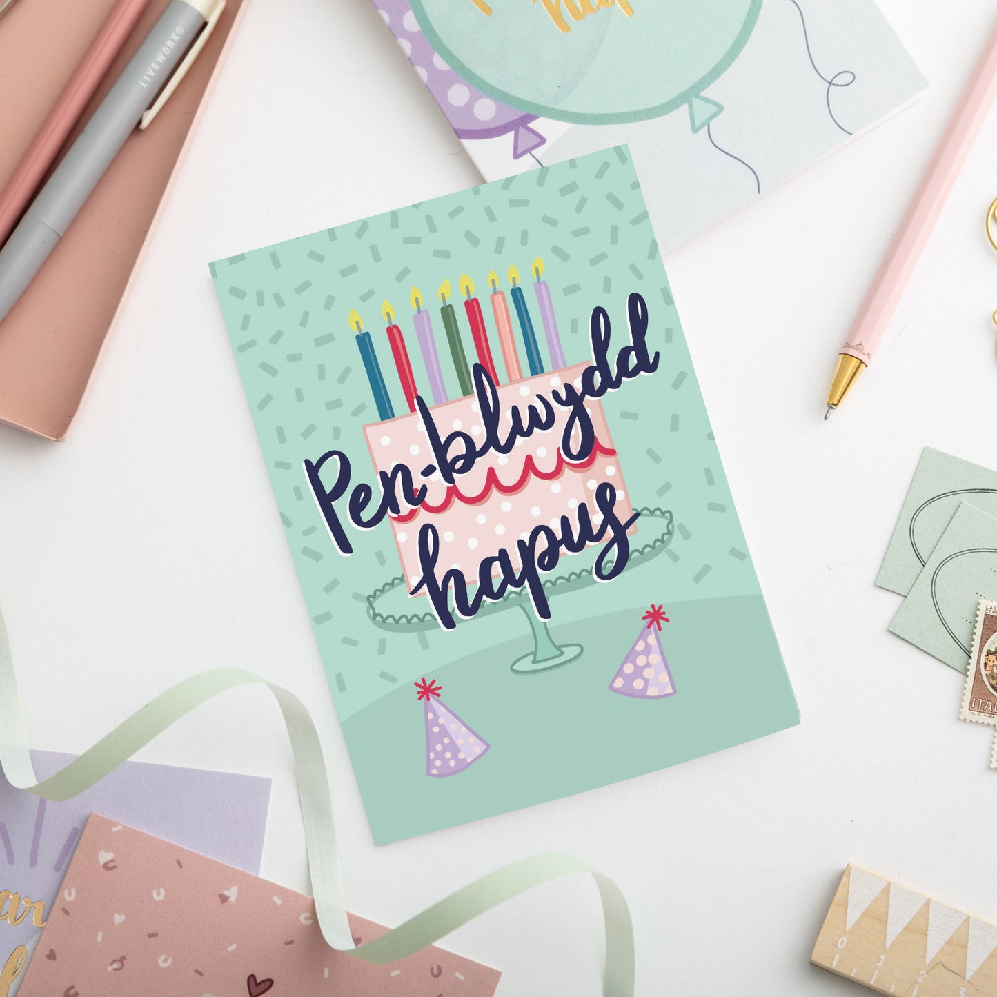 Welsh birthday card 'Pen-blwydd hapus' with birthday cake NEW
