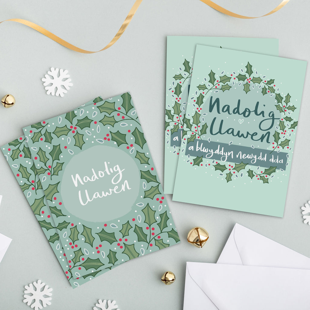 Welsh Christmas Card Set of 4, 8 or 12 Holly Cards - Hapus Fy Myd