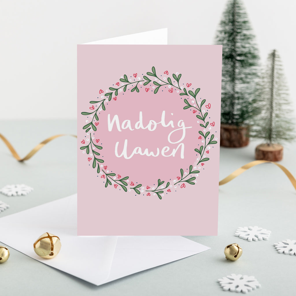 Christmas card 'Nadolig Llawen' mistletoe