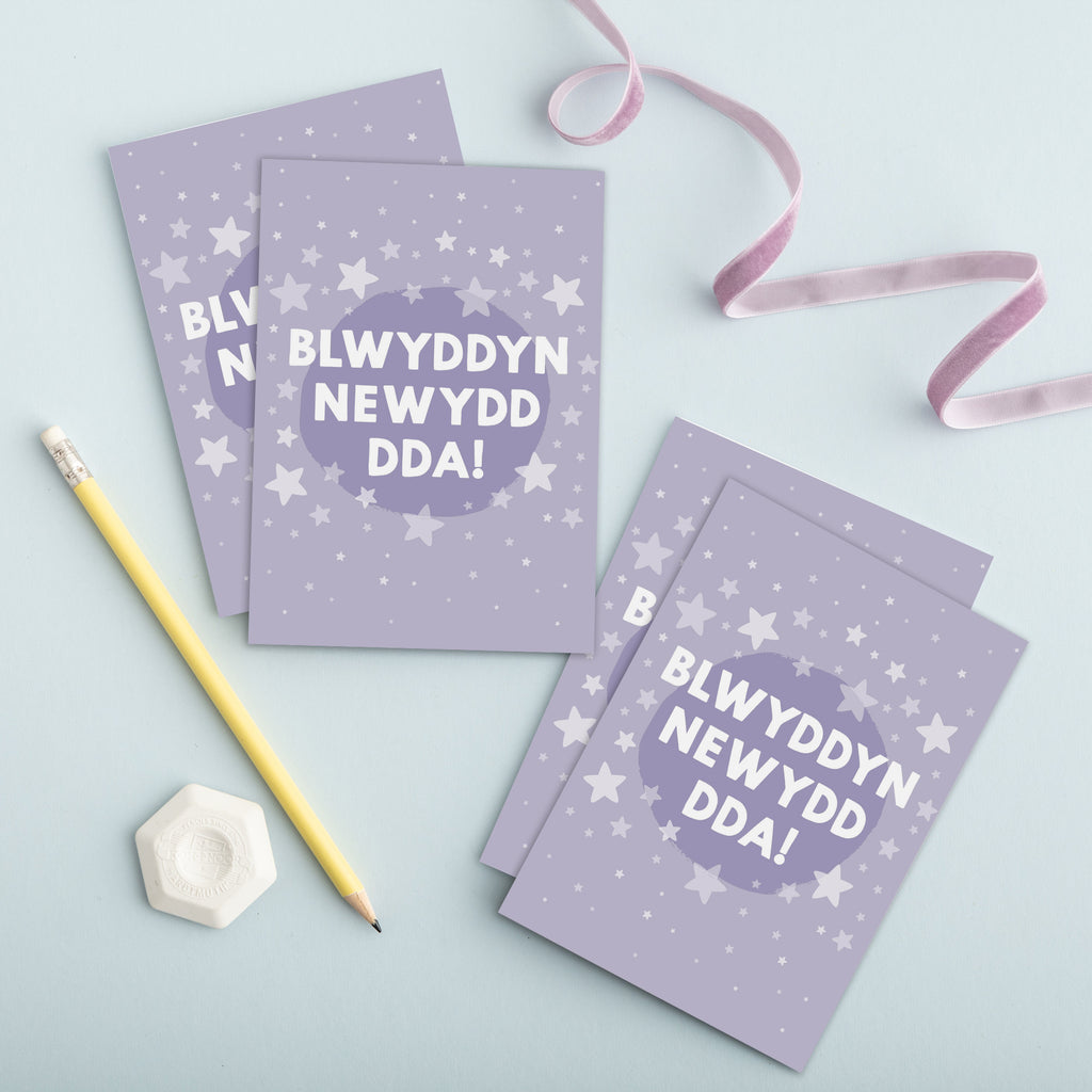 Welsh New Year Cards Set of 4, 8 or 12 'Blwyddyn Newydd Dda' - Hapus Fy Myd