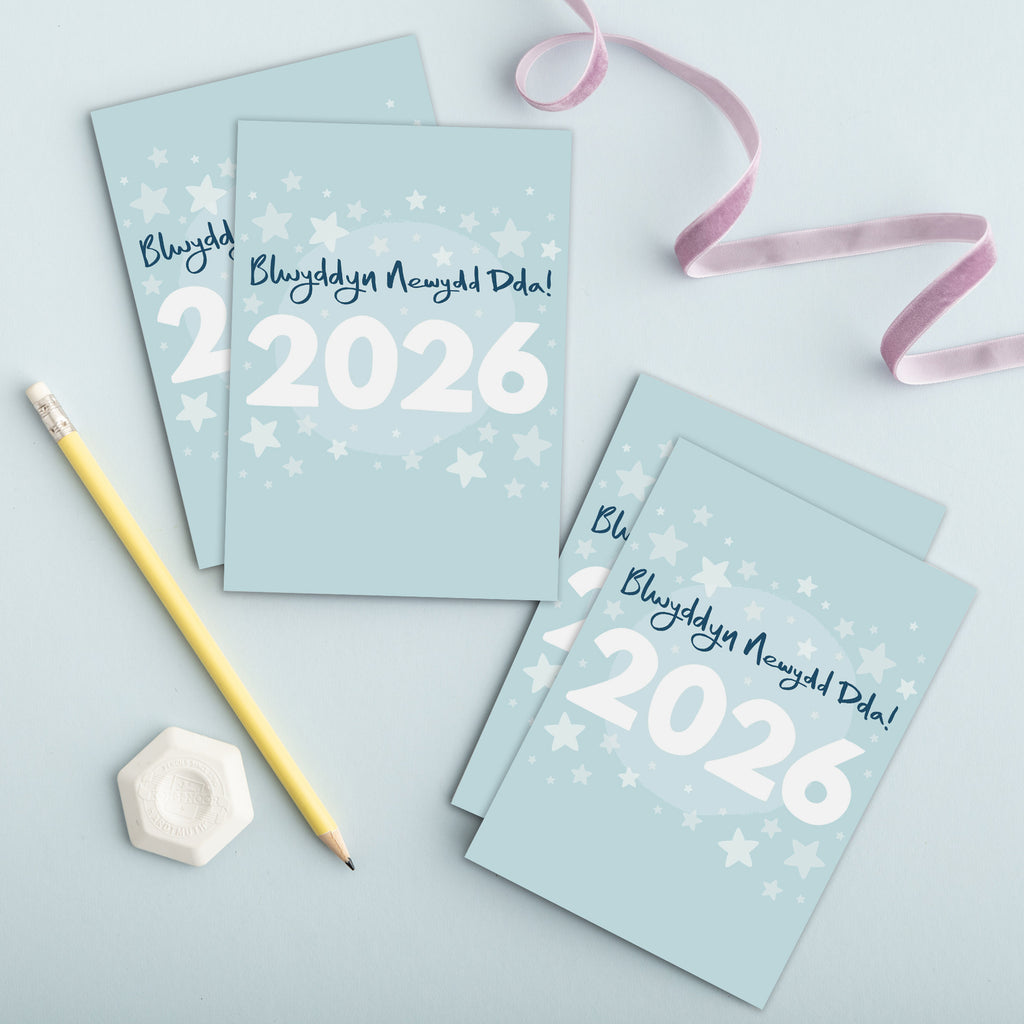 Welsh 2026 New Year Cards - Set of 4, 8 or 12 'Blwyddyn Newydd Dda 2026' - Hapus Fy Myd