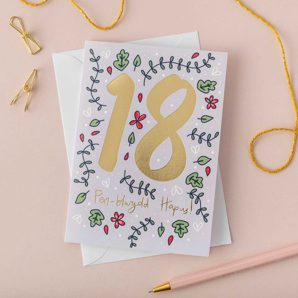 Birthday card 'Pen-blwydd hapus 18' gold foil