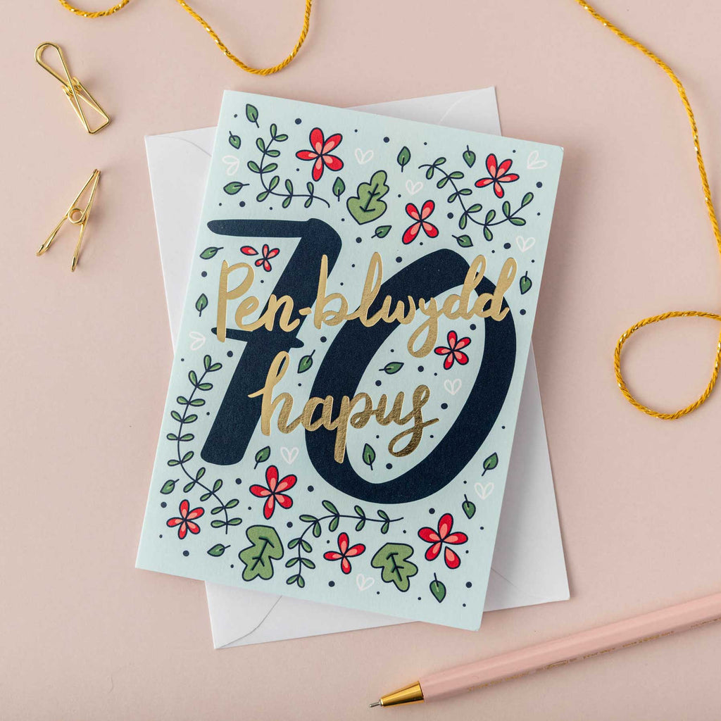 Birthday card 'Pen-blwydd hapus 70' gold foil