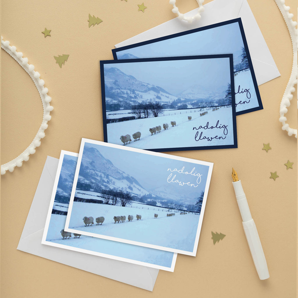 Welsh Christmas Card Set of 4, 8 or 12 Cards - Snowy sheep