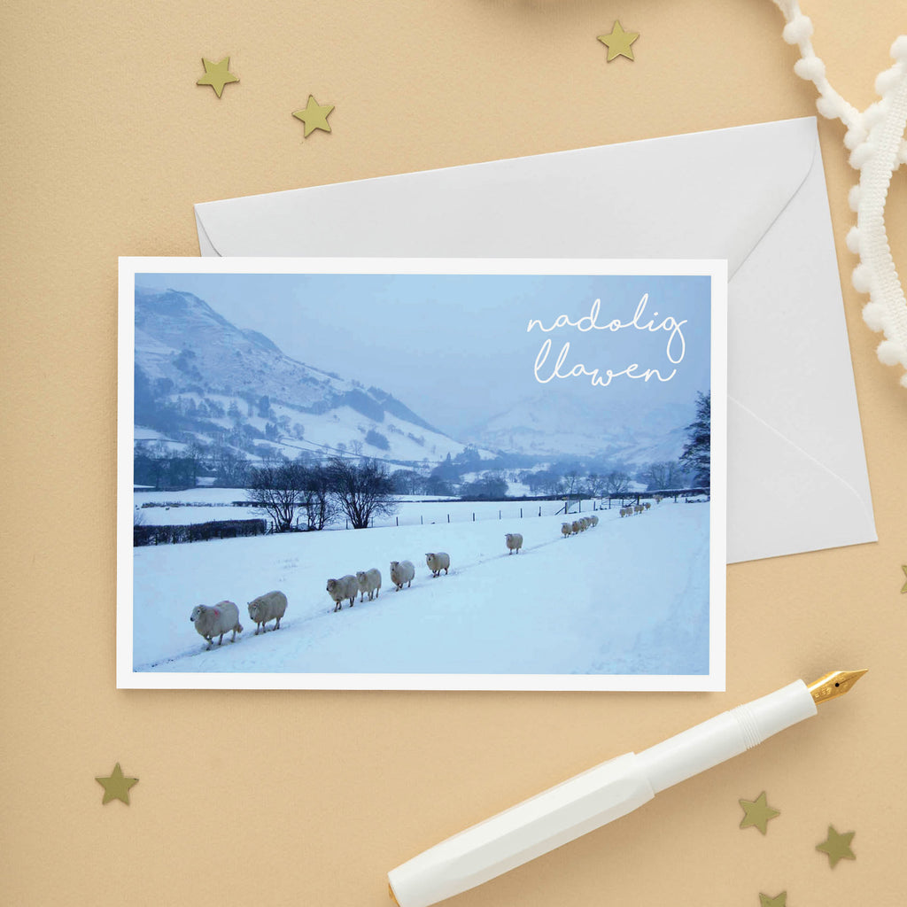 Welsh Christmas card 'Nadolig Llawen' Sheep - white