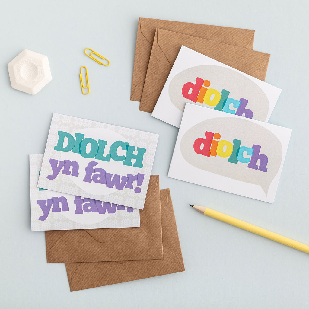 Thank you cards 'diolch / diolch yn fawr!' pack of 4 mini cards