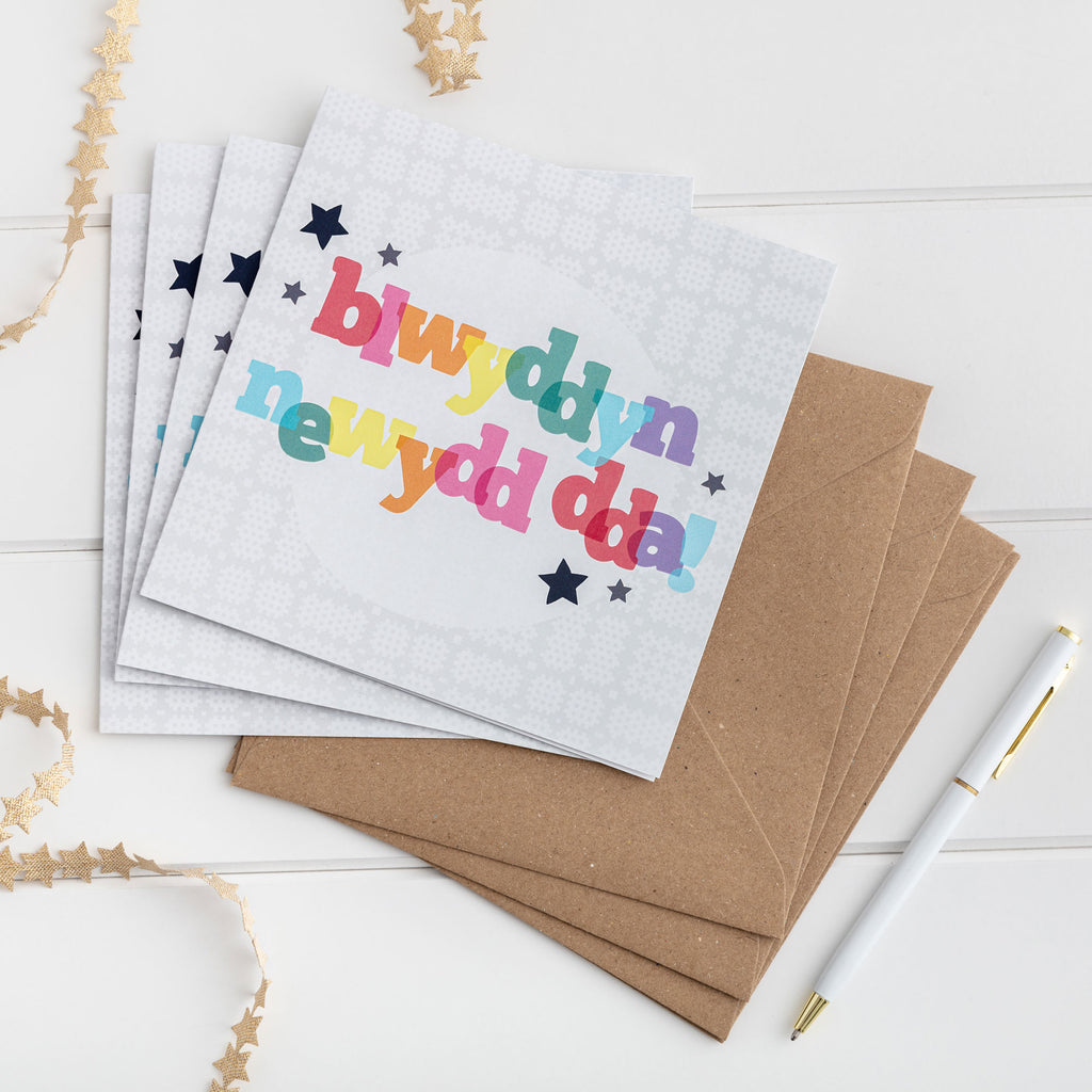Happy New Year Card Set of 4 or 6 - Blwyddyn Newydd Dda