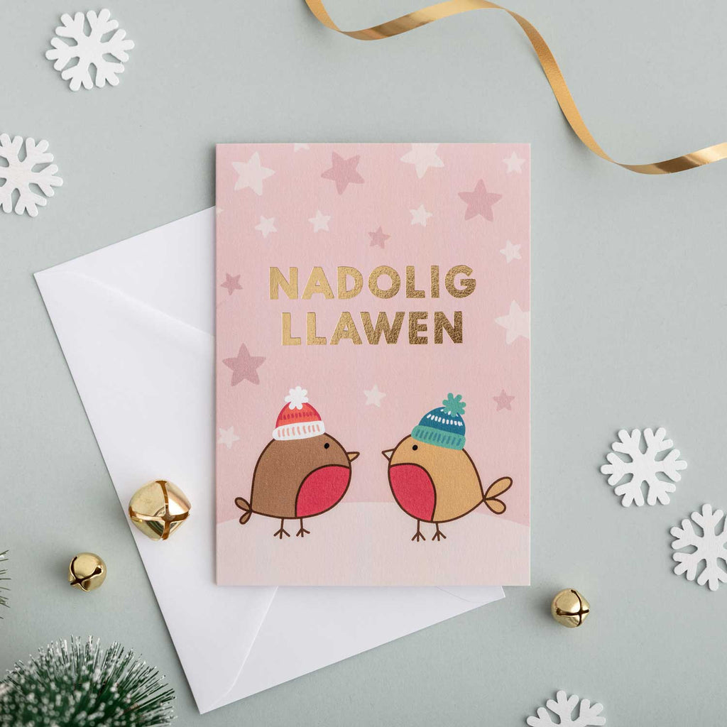 Christmas card 'Nadolig Llawen' robins - gold foil