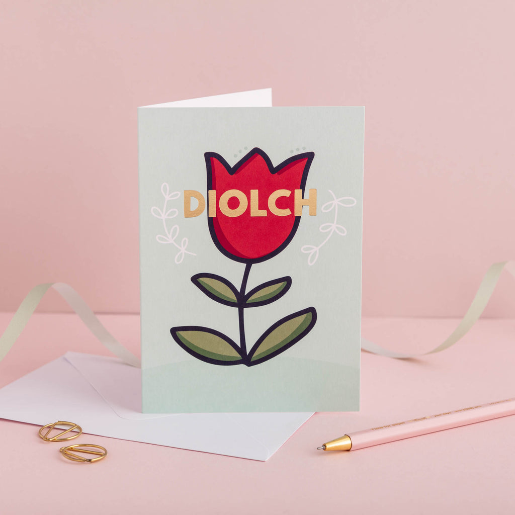 Welsh thank you card 'Diolch' flower