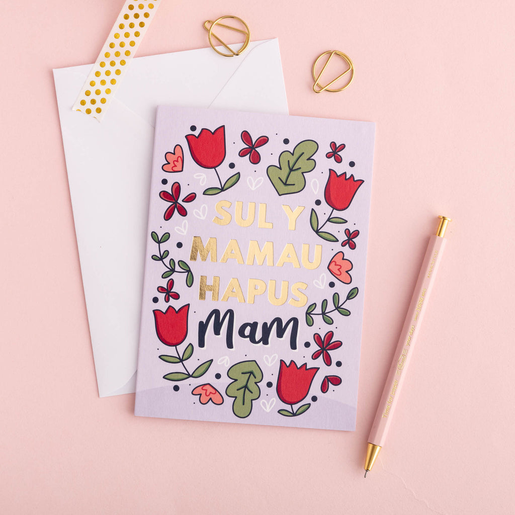 Welsh Mothers' day card 'Sul y Mamau hapus Mam' flowers