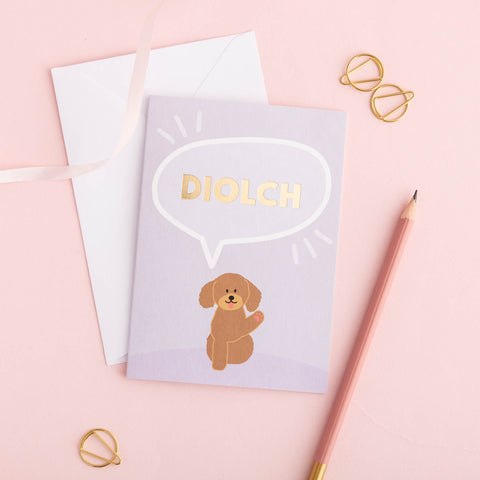 Welsh thank you card 'Diolch' dog