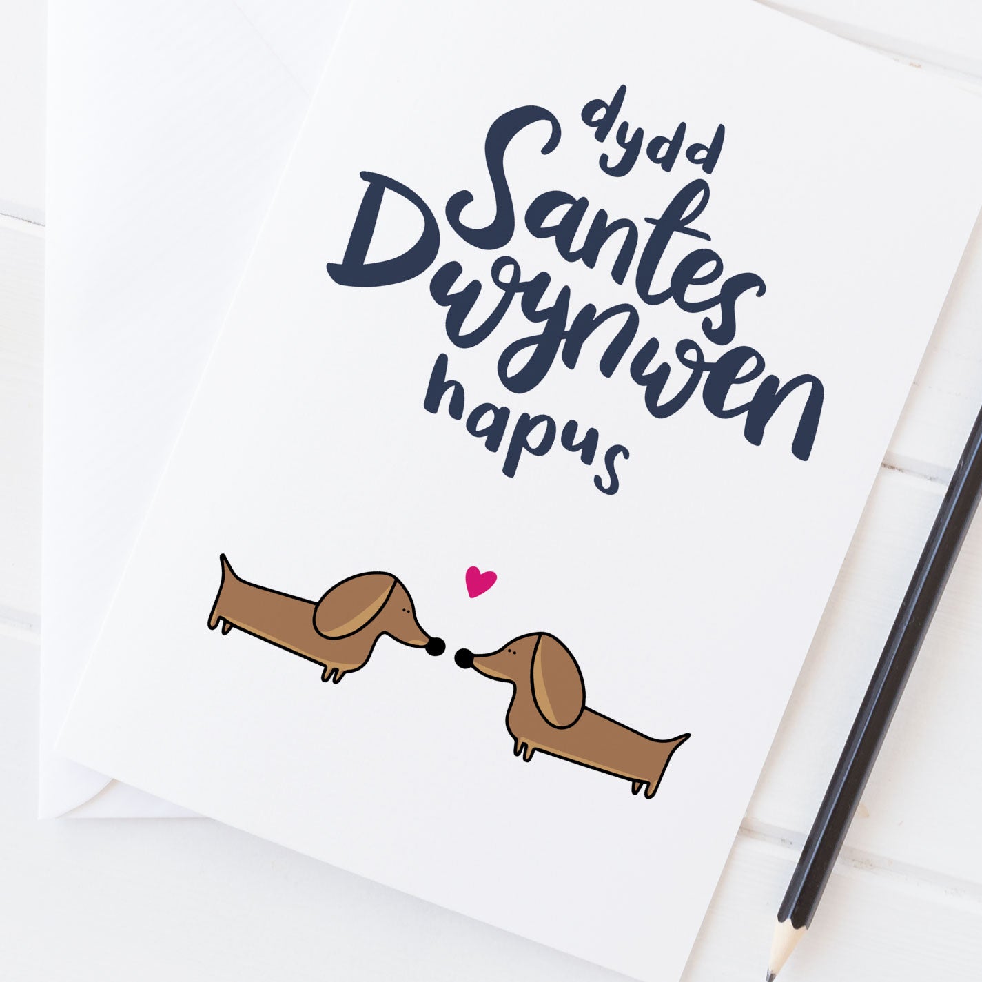 Love card 'Dydd Santes Dwynwen Hapus' Welsh St Dwynwen's day - dachshunds
