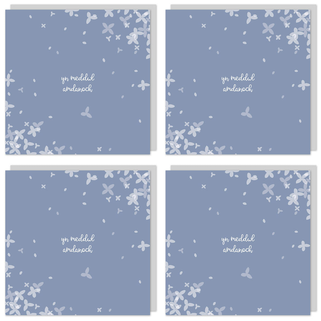 Pecyn o 4 cerdyn 'Yn meddwl amdanoch' / Pack of 4 Welsh 'Thinking of you' cards