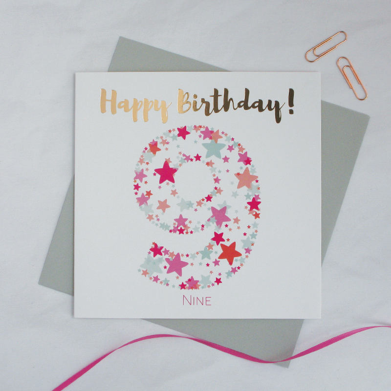 Happy birthday age 9 copper foil card - Draenog