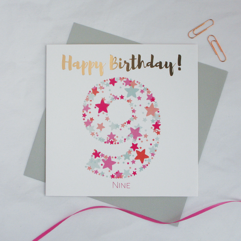 Happy birthday age 9 copper foil card - Draenog