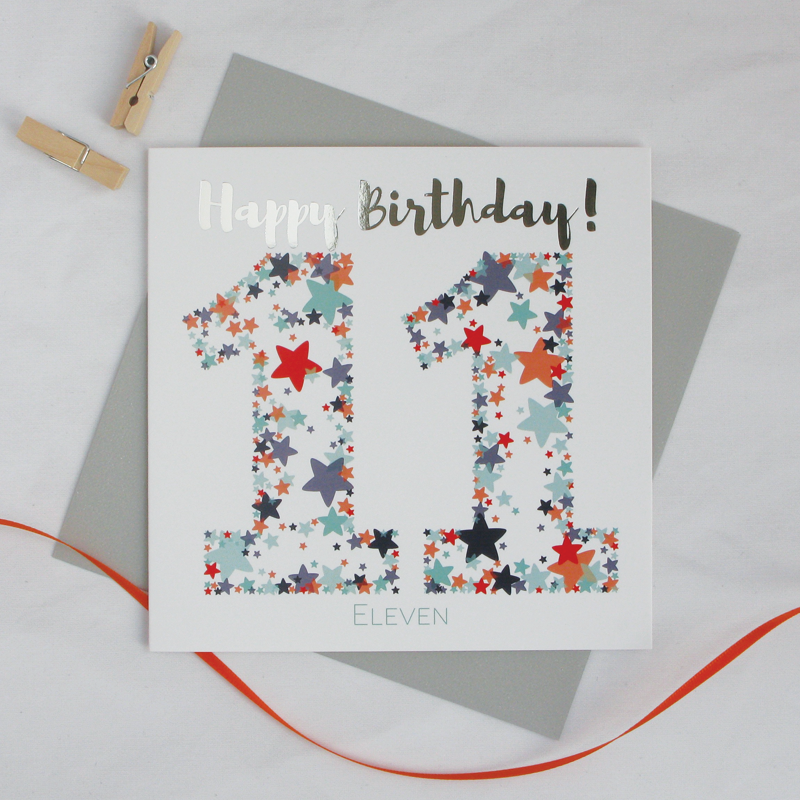Happy birthday age 11 silver foil card - Draenog