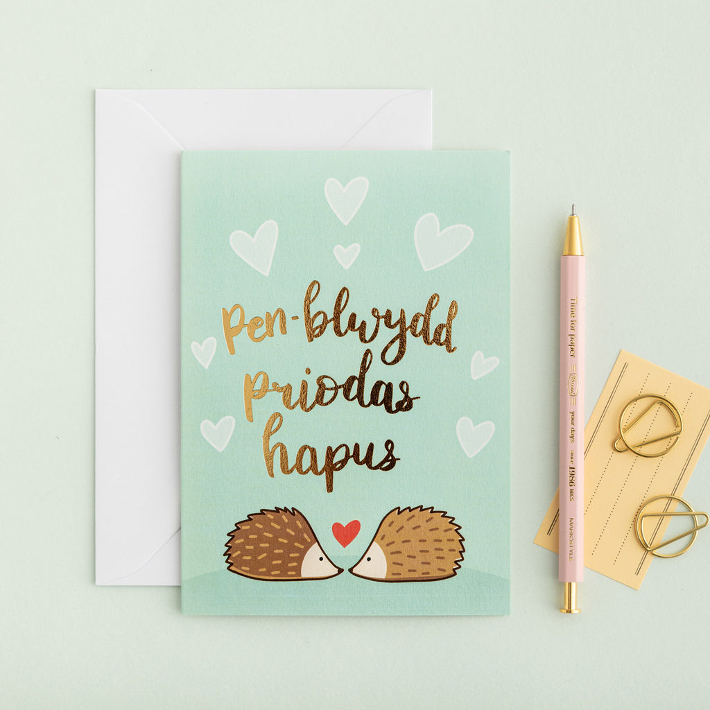 Cerdyn pen-blwydd priodas 'Pen-blwydd priodas hapus' draenogod