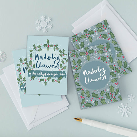 Christmas cards 'Nadolig Llawen' pack of 4 mini cards - Holly
