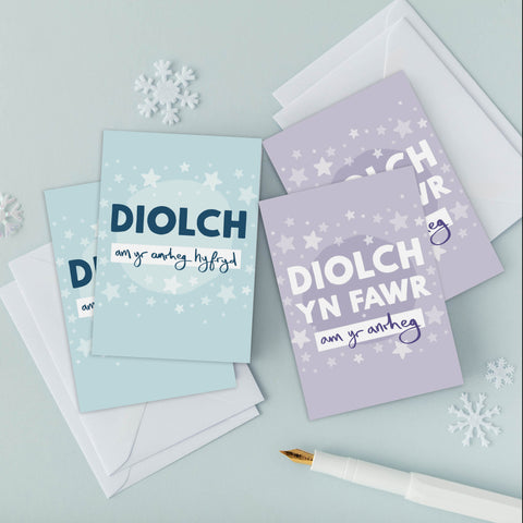 Gift thank you cards 'Diolch am yr anrheg' pack of 4 mini cards