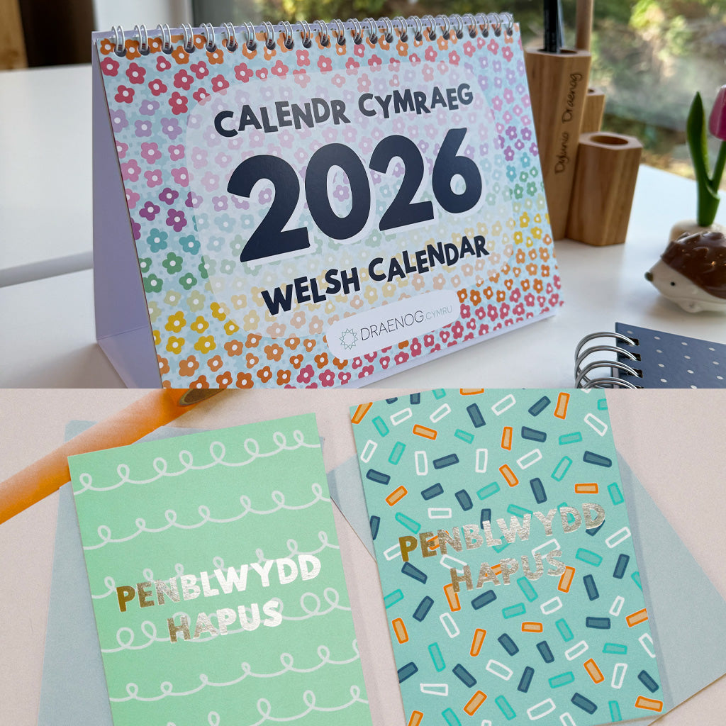 BUNDLE: 2026 Welsh Desk Calendar + Birthday Cards