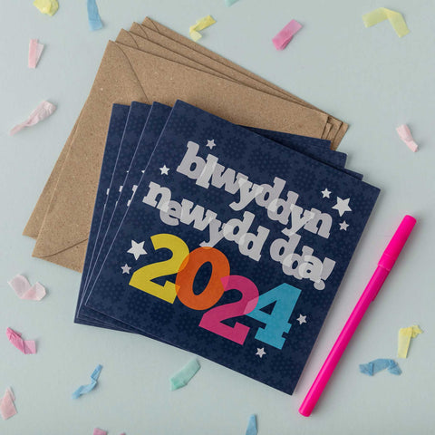 Happy New Year Card Set of 4 or 6 - Blwyddyn Newydd Dda! 2024