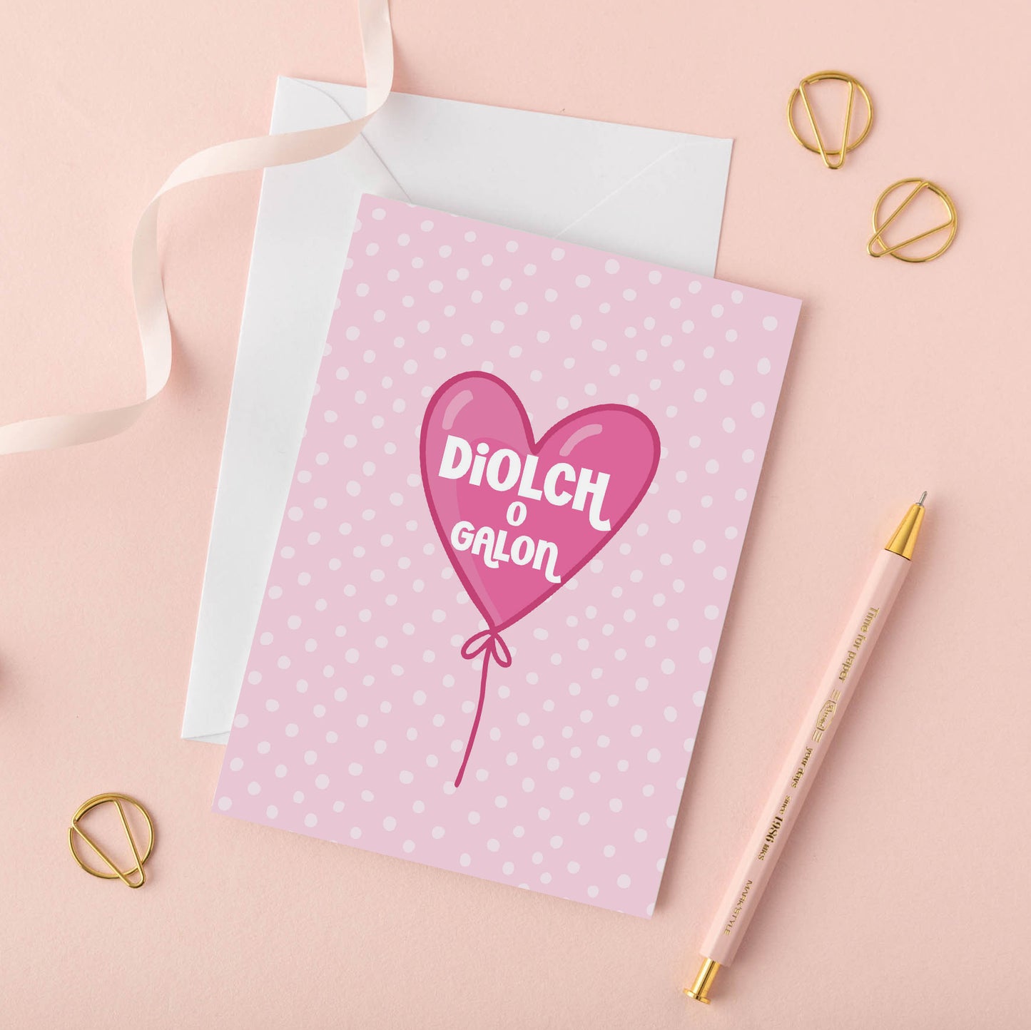 Welsh Thank You Card 'Diolch o Galon' pink balloon