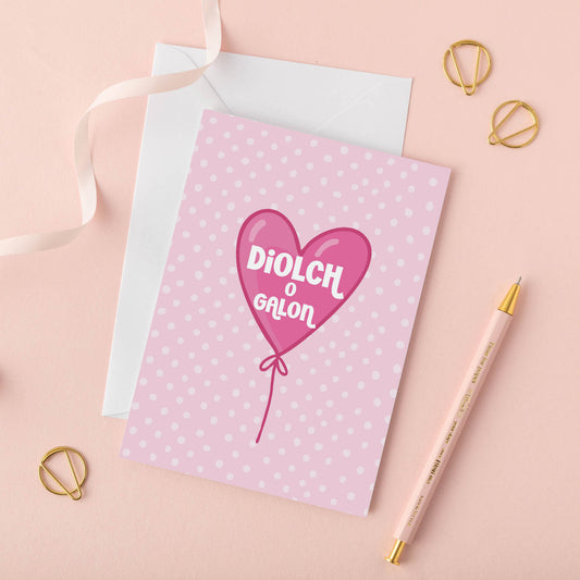 Welsh Thank You Card 'Diolch o Galon' pink balloon