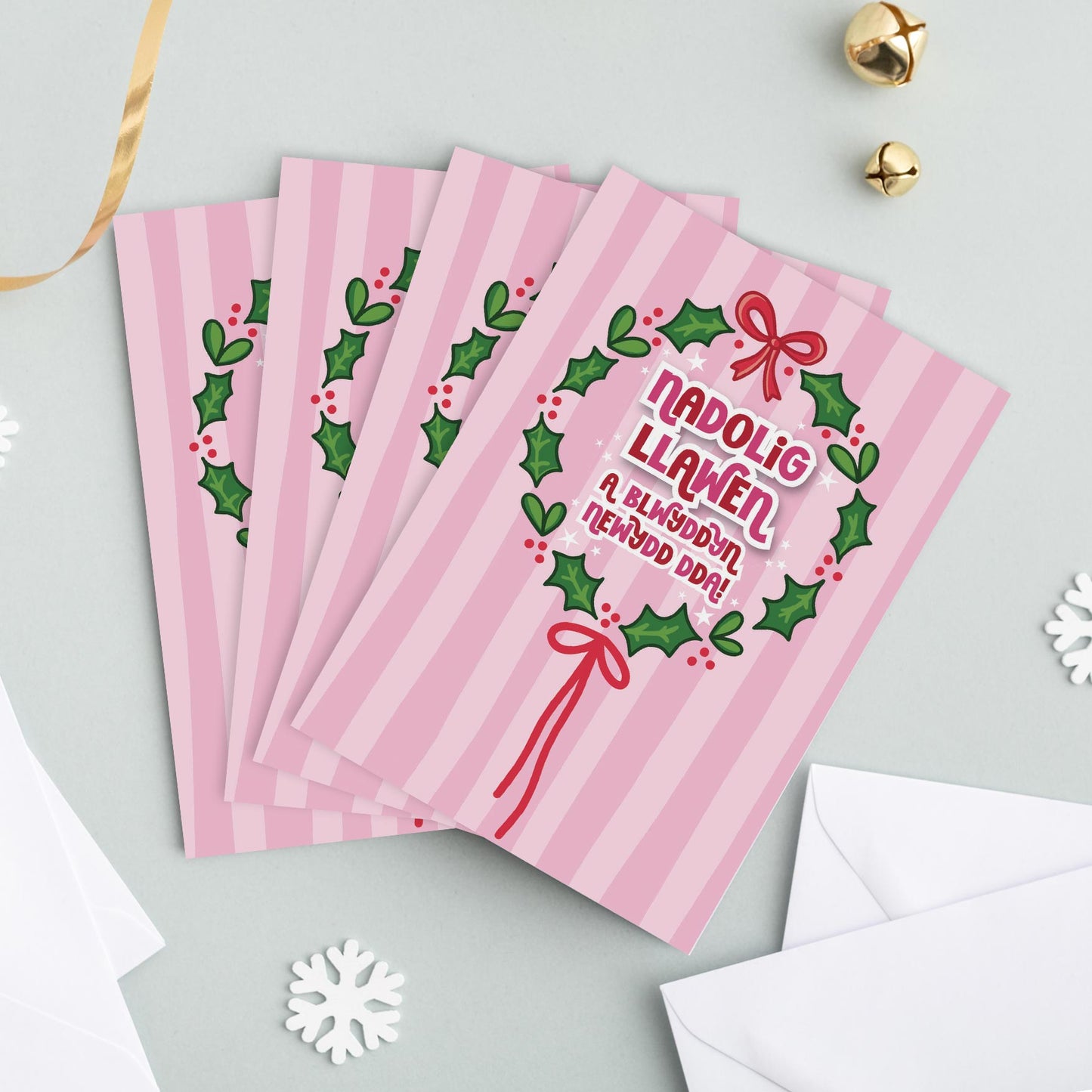 Welsh Christmas Card Set of 4 'Nadolig Llawen a Blwyddyn Newydd Dda' - Gwena Pink