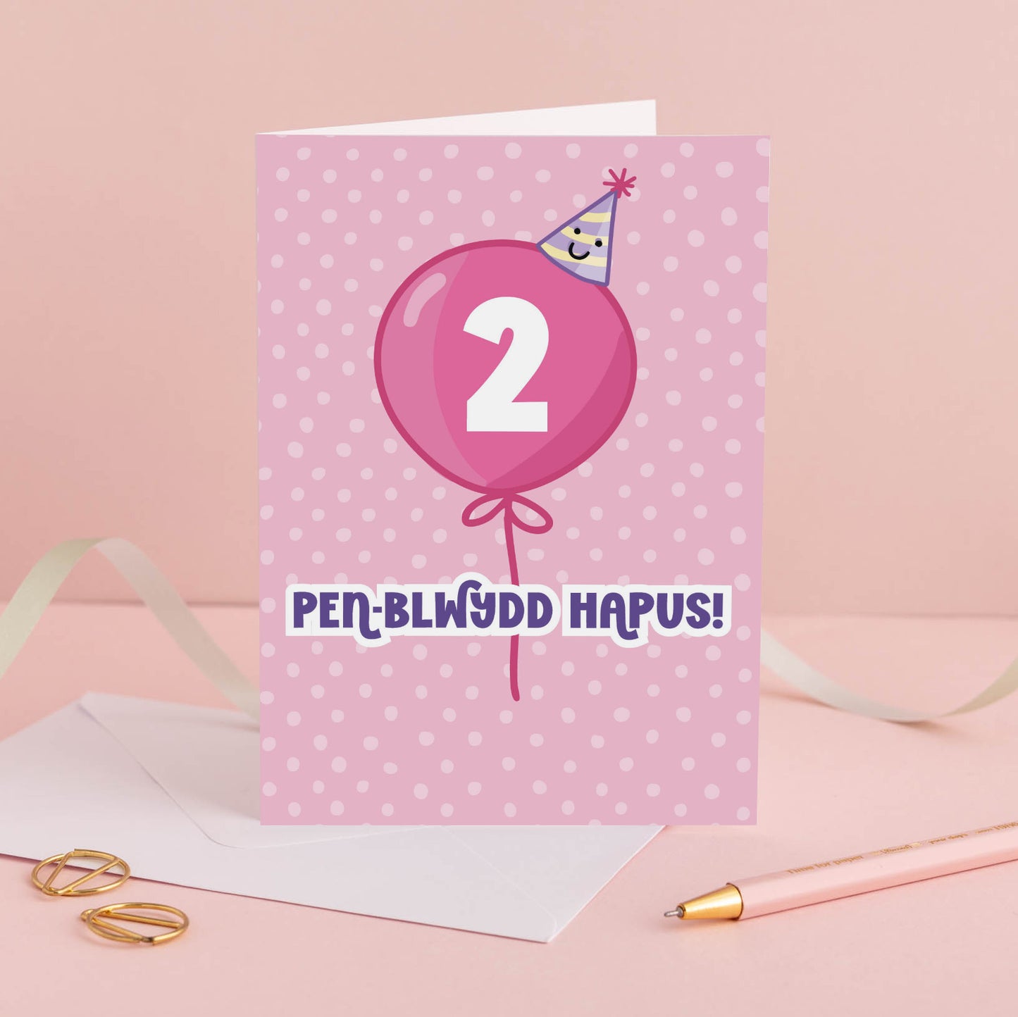 Cerdyn Pen-blwydd Hapus Cymraeg - 2 oed Pinc