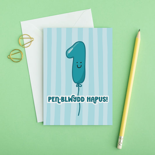 Welsh Birthday Card 'Pen-blwydd Hapus' Age 1 Blue