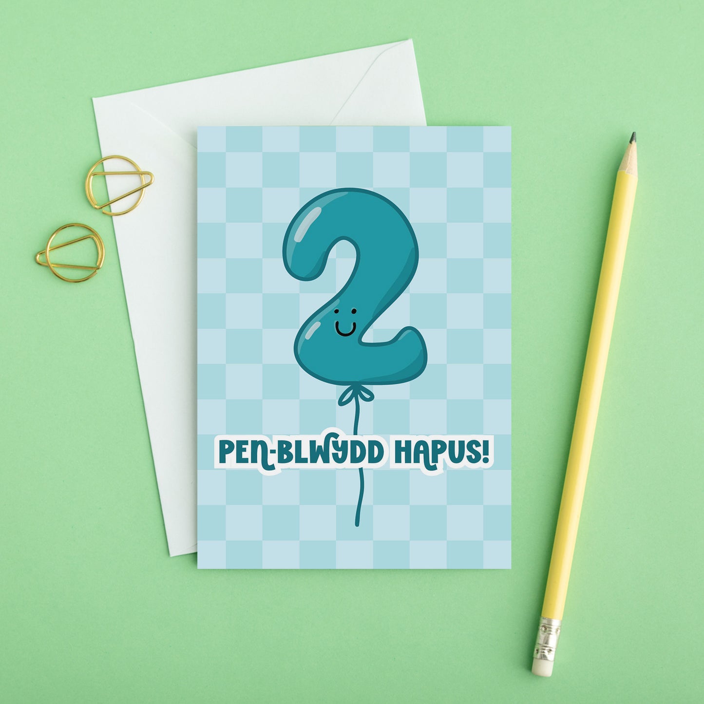 Cerdyn Pen-blwydd Hapus Cymraeg - 2 oed Glas