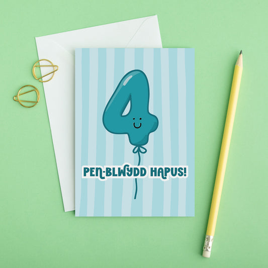 Welsh Birthday Card 'Pen-blwydd Hapus' Age 4 Blue