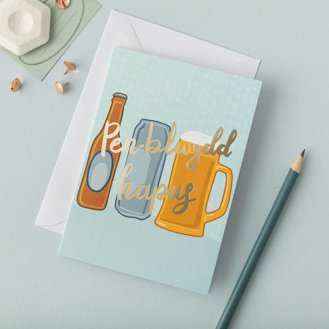 Welsh birthday card 'Pen-blwydd Hapus' - beer