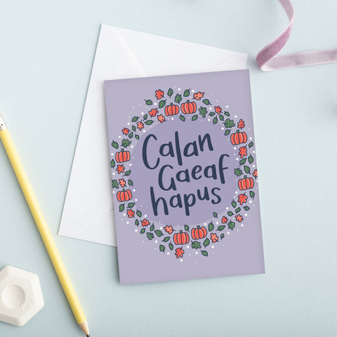 Welsh Halloween card 'Calan Gaeaf Hapus' - Pumpkins