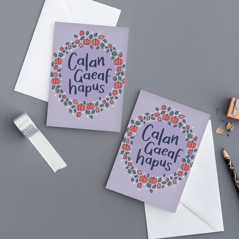 Set of Welsh Halloween cards with pumpkins 'Calan Gaeaf hapus' - Pack of 4, 8 or 12