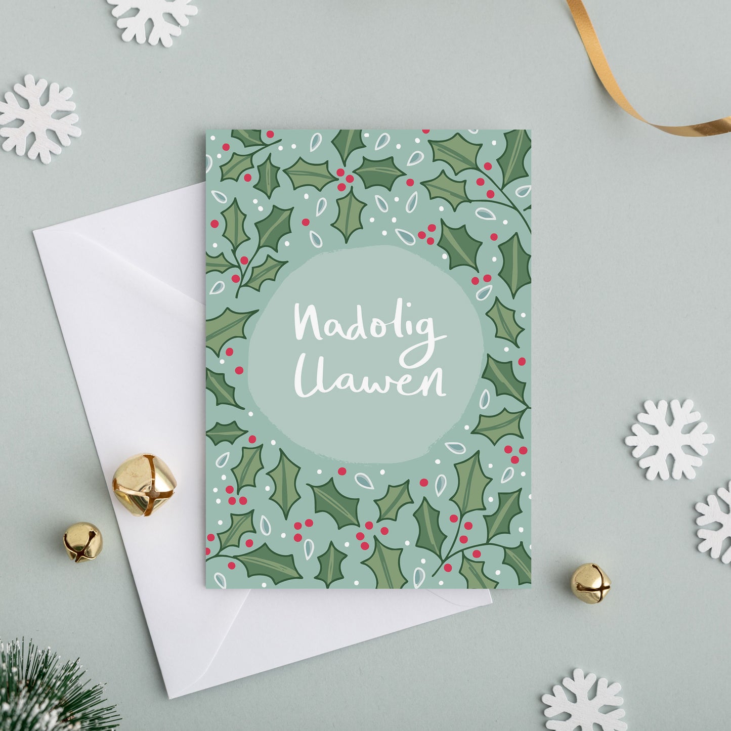 Welsh Christmas Card Set of 4, 8 or 12 Holly Cards - Hapus Fy Myd