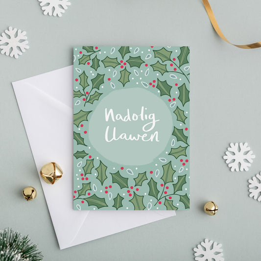 Welsh Christmas card 'Nadolig Llawen' holly
