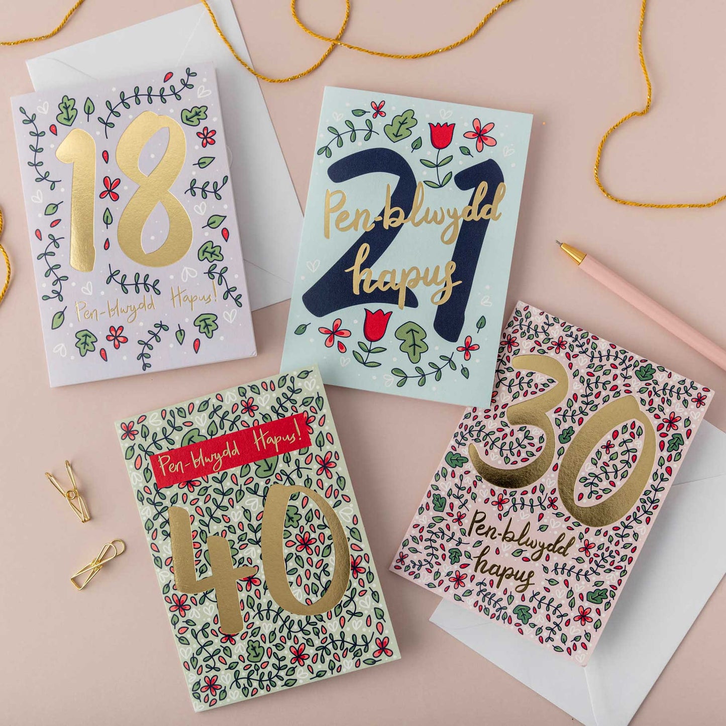 Birthday card 'Pen-blwydd hapus 18' gold foil