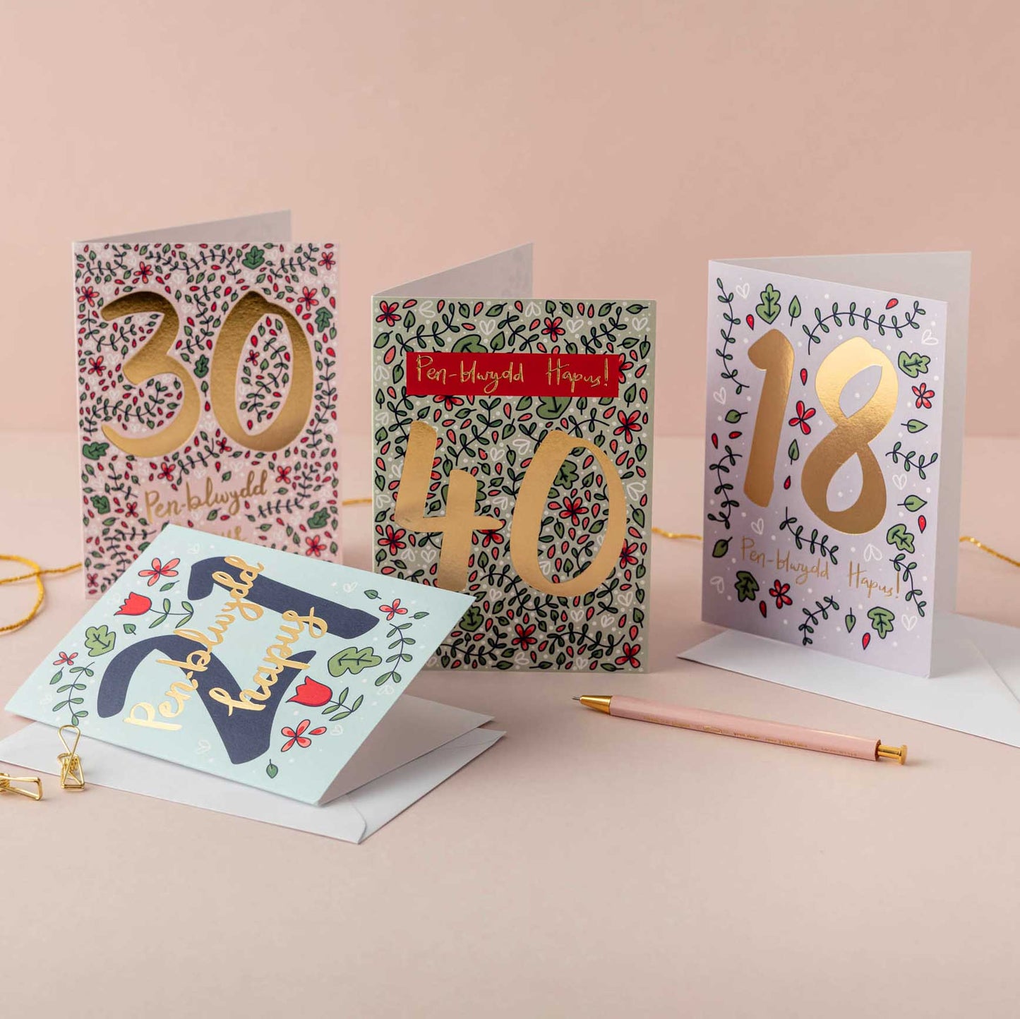 Birthday card 'Pen-blwydd hapus 18' gold foil