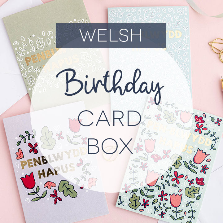 Bocs o 10, 15 neu 20 cerdyn pen-blwydd Cymraeg