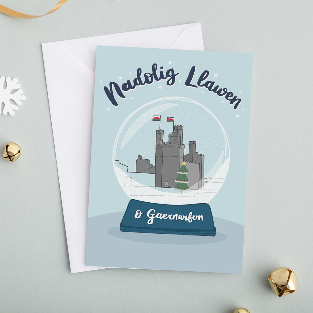 Personalised Christmas card 'Nadolig Llawen o...' Snowglobe