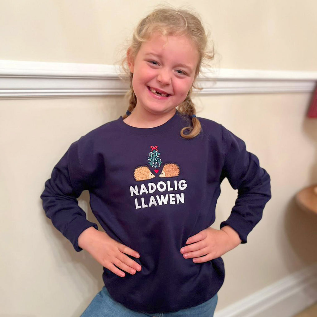 Nadolig Llawen Embroidered Welsh Christmas Jumper - Hedgehogs - Children's