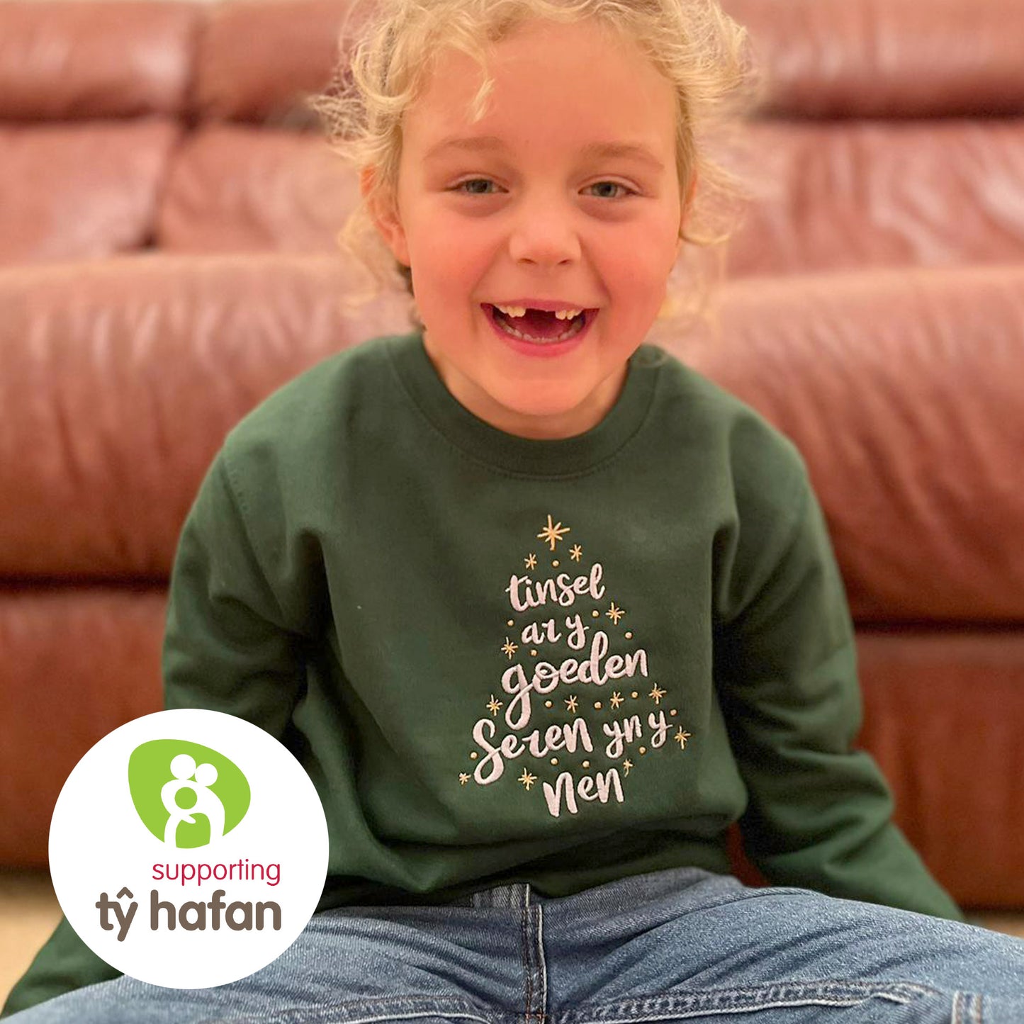 Tinsel ar y Goeden Embroidered Welsh Christmas Jumper - Tŷ Hafan - Children's