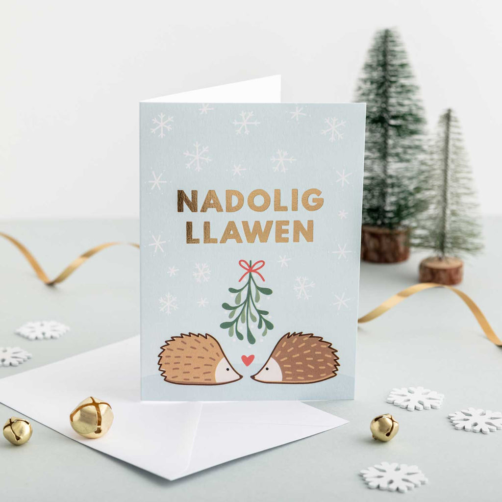 Christmas card 'Nadolig Llawen' hedgehogs - gold foil
