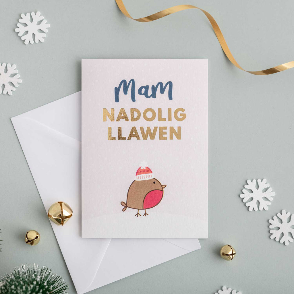 Welsh Christmas card 'Nadolig Llawen Mam' Mum - gold foil