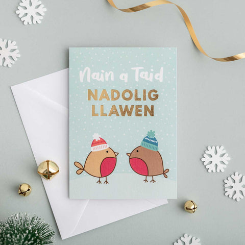 Welsh Christmas card 'Nain a Taid Nadolig Llawen' Gran and Grandad - gold foil